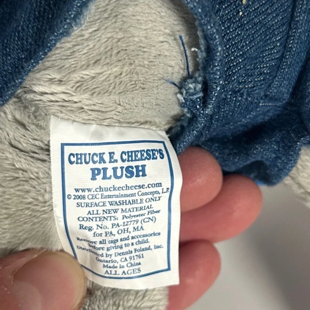Chuck E Cheese Plush 2008 Mascot Mouse Blue Jersey Denim Hat 12 Inch Stuffed Toy